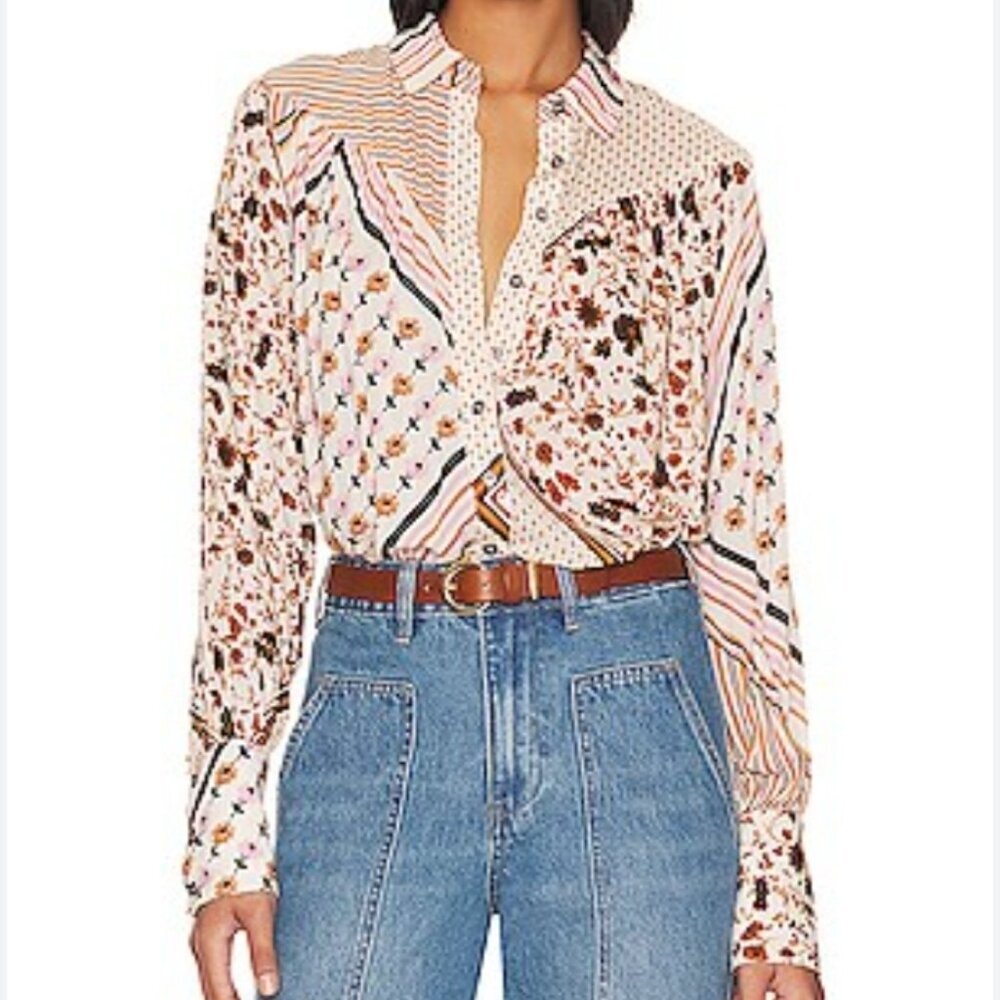 Free People Hazel Patchwork Button Down Blouse In… - image 2